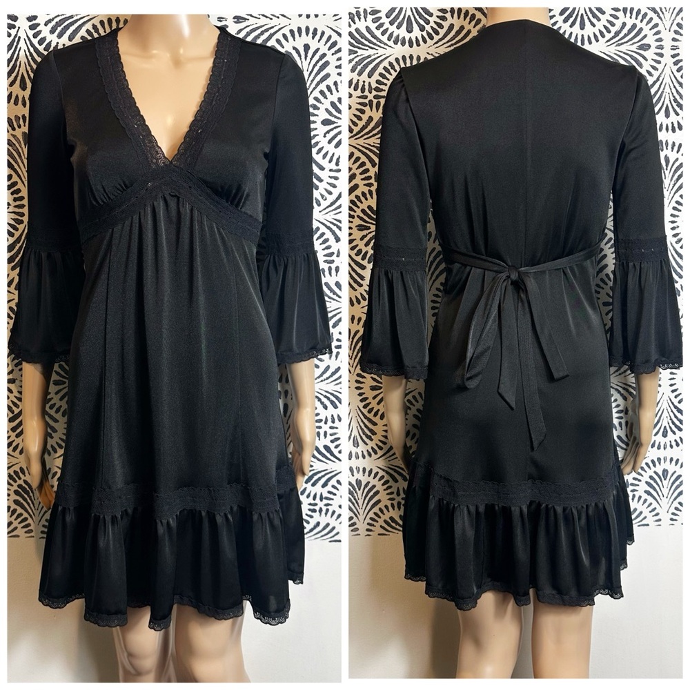 Vintage Betsey Johnson Black Whimsigoth Belted Lace Trim Dress Y2K Vamp